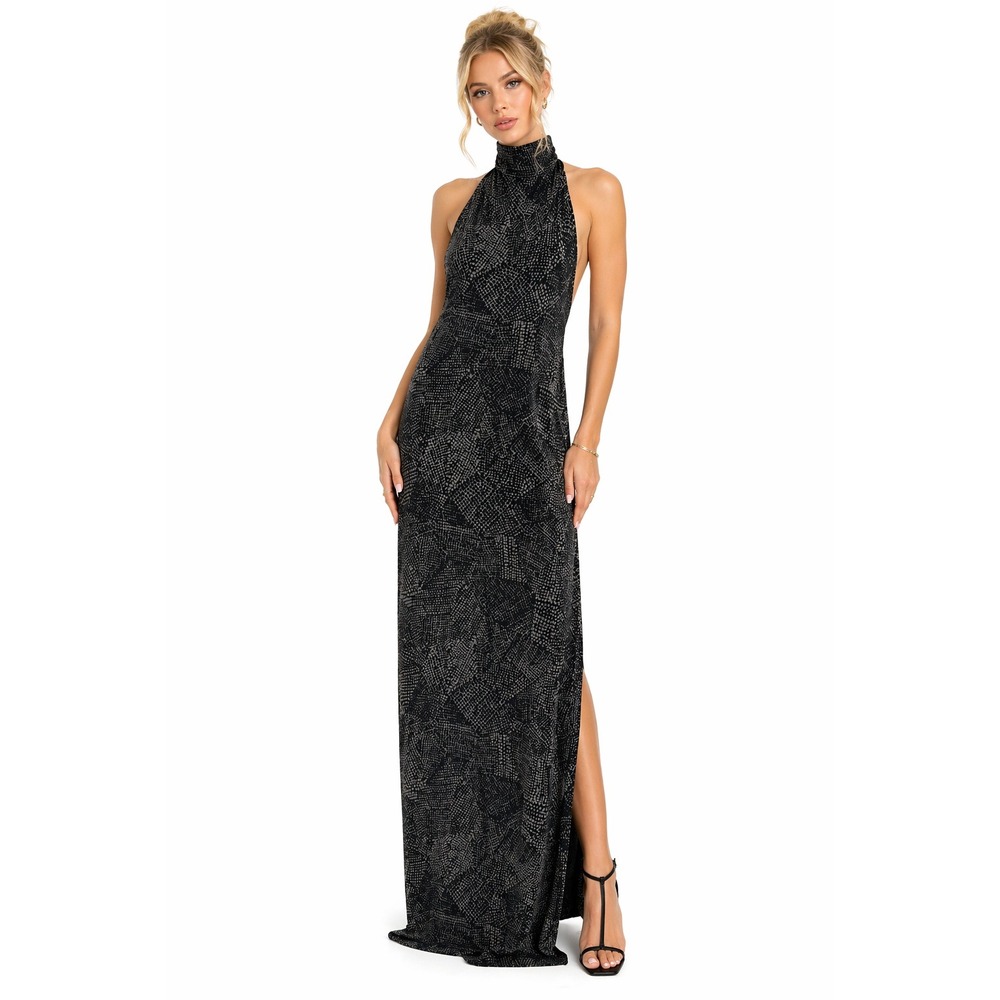 KamaliKulture Dress XL Black‎ Grey Halter Turtleneck Backless Maxi Gown Slit